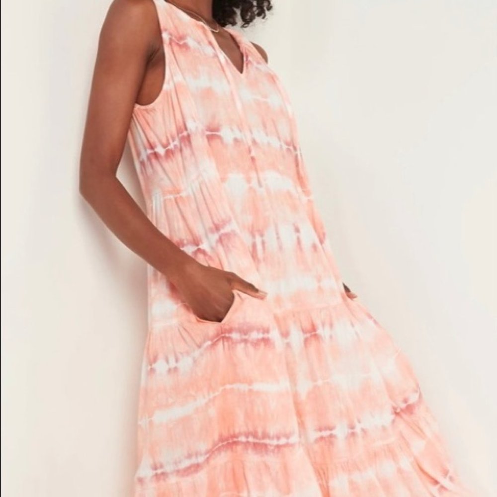 Old Navy Coral Orange White Tie Dye Drawstring Tiered Midi Swing Dress P3268